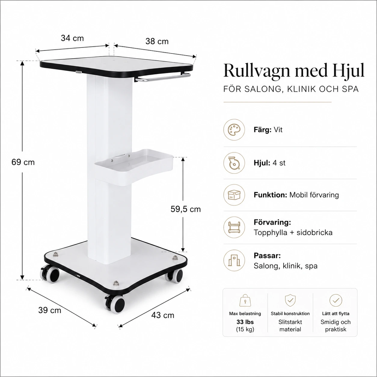 Rullvagn med Hjul för Salong, Klinik och Spa