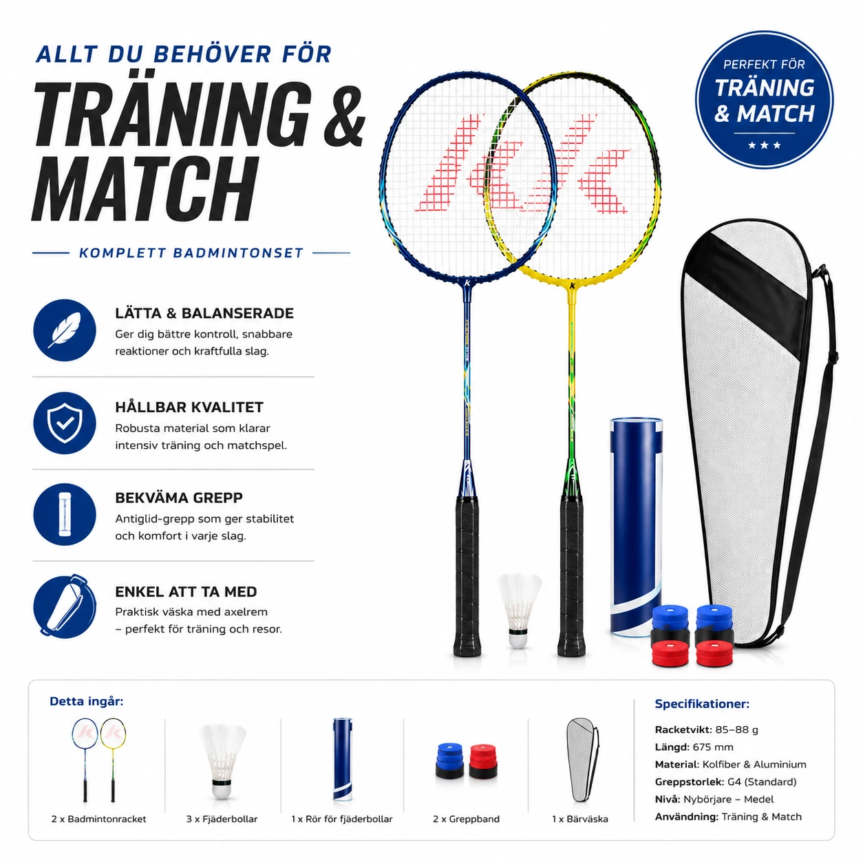 Badmintonracket Set – Aluminiumracket för Träning & Match