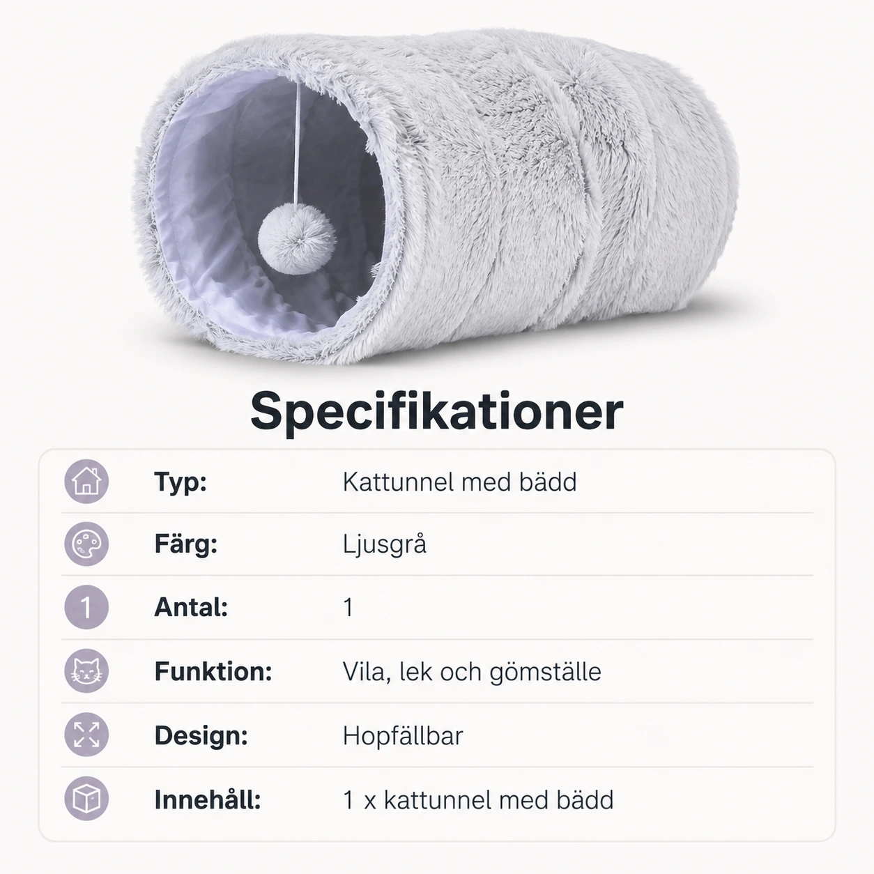 Kattunnel med bädd för katt, hopfällbar