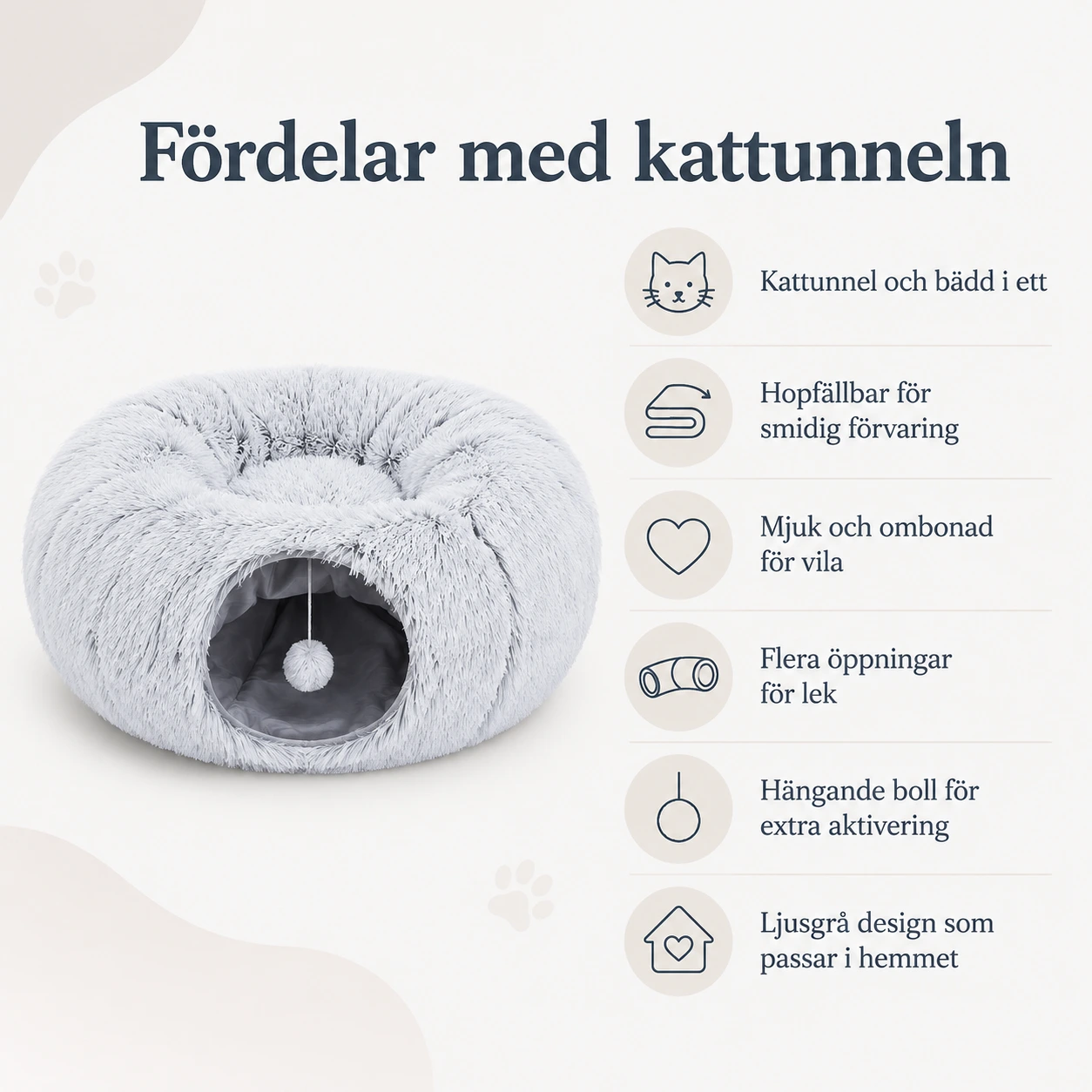 Kattunnel med bädd för katt, hopfällbar