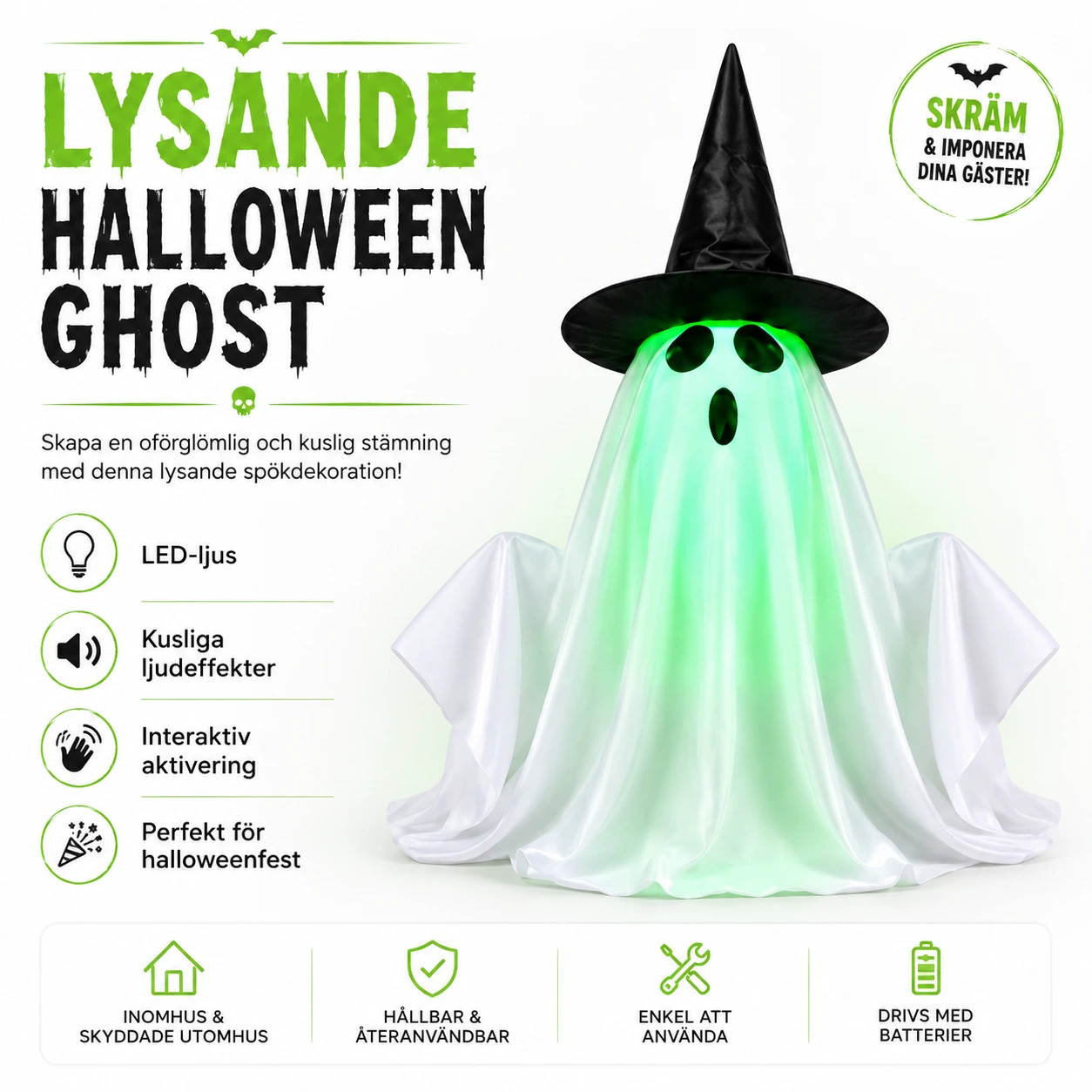 Halloween-spöke med LED-ljus och ljud
