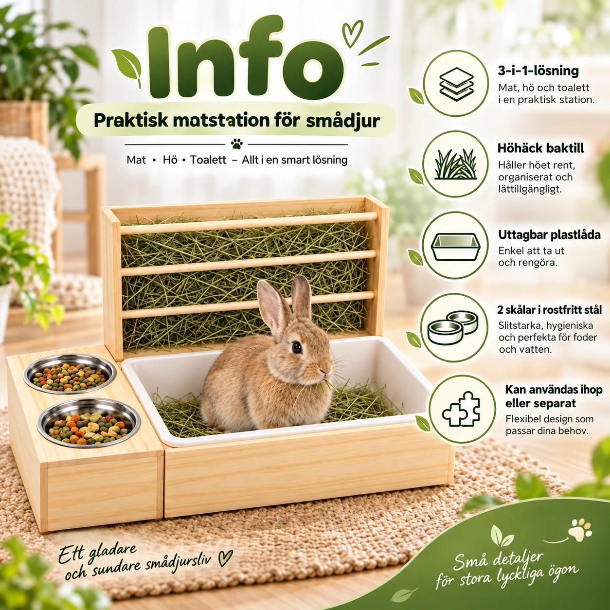 Höhäck med toalåda och skålar för smådjur