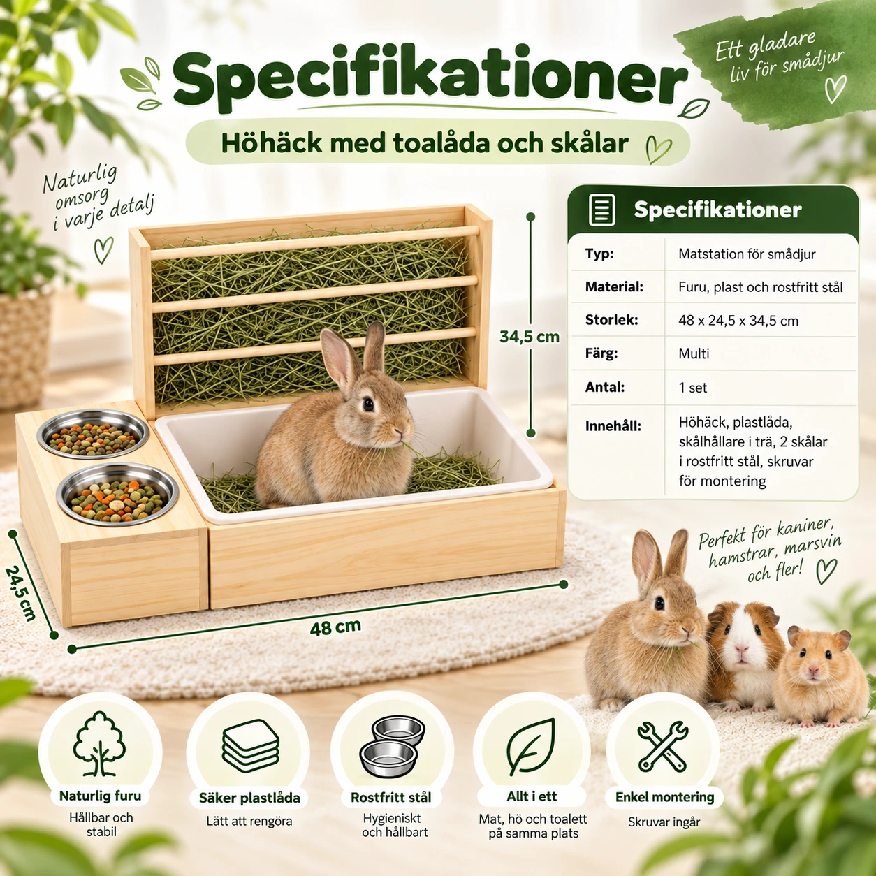 Höhäck med toalåda och skålar för smådjur