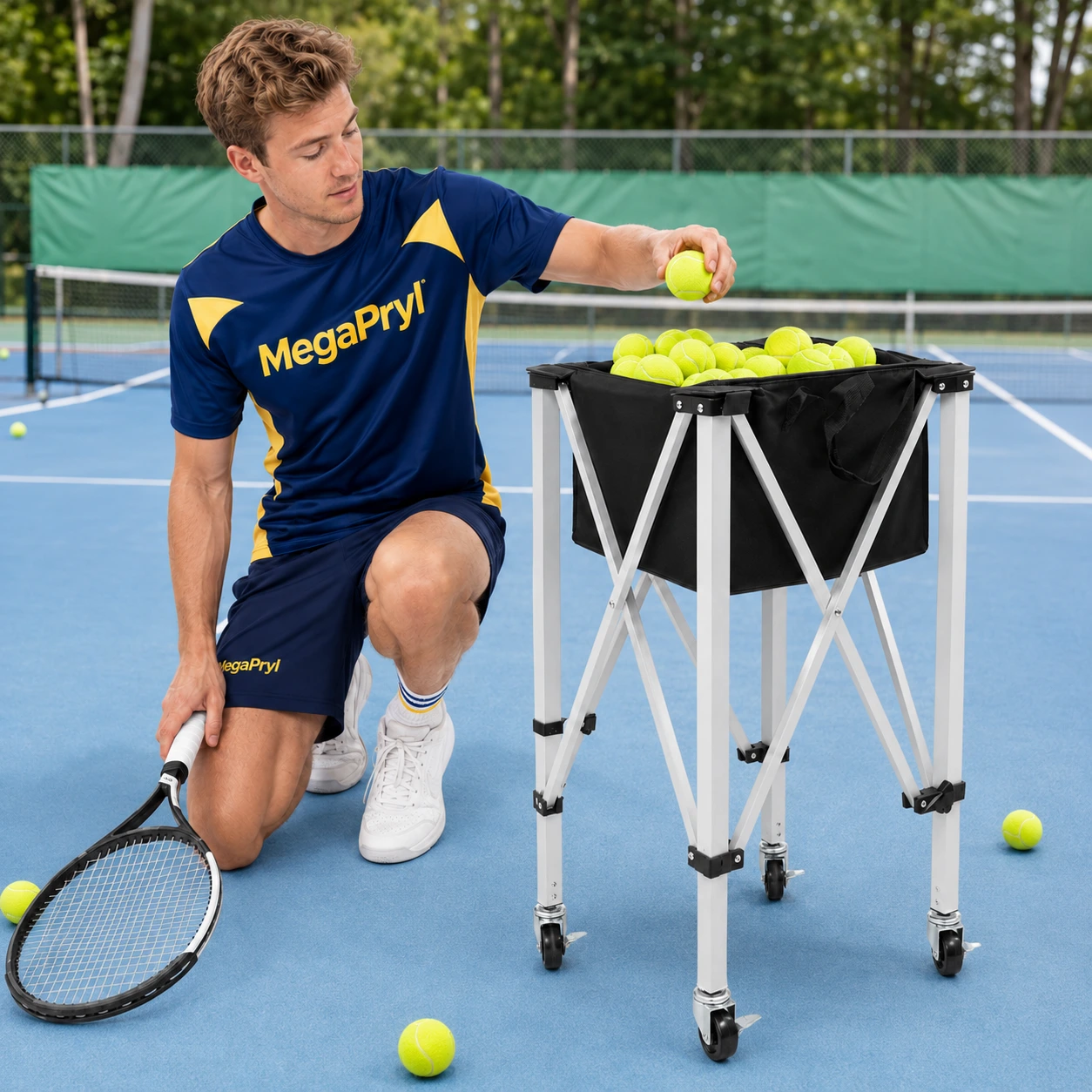 Tennisbollsvagn hopfällbar med hjul och avtagbar korg