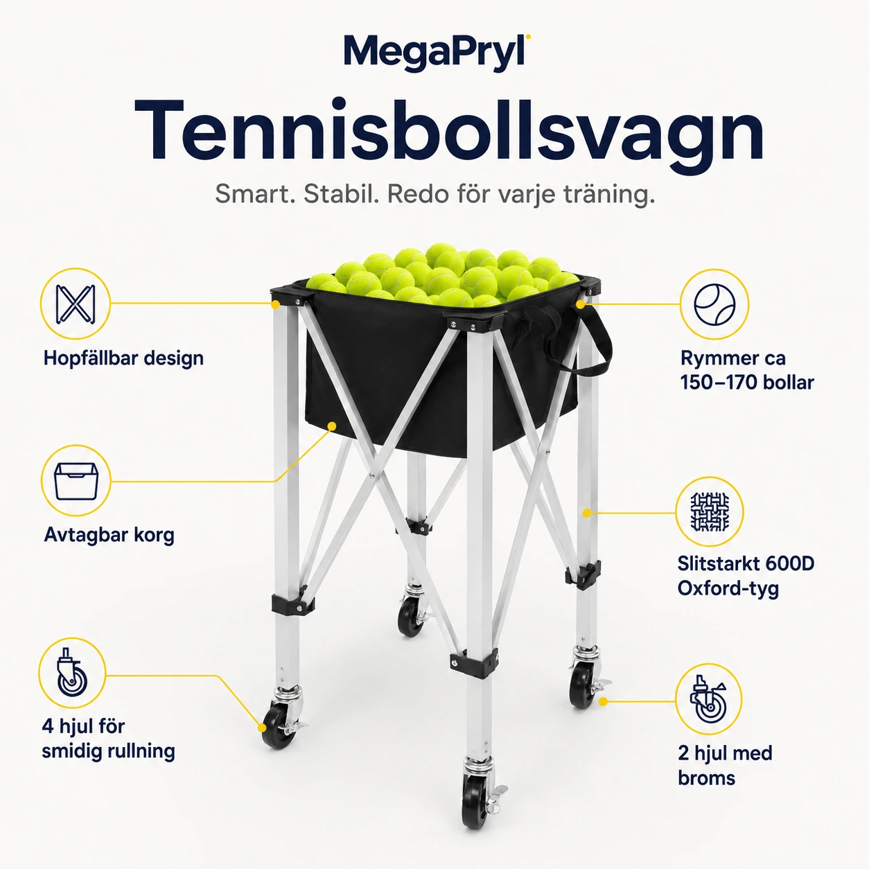 Tennisbollsvagn hopfällbar med hjul och avtagbar korg