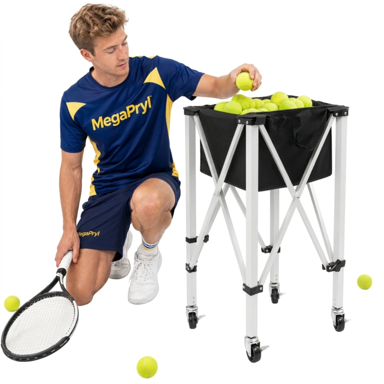 Tennisbollsvagn hopfällbar med hjul och avtagbar korg