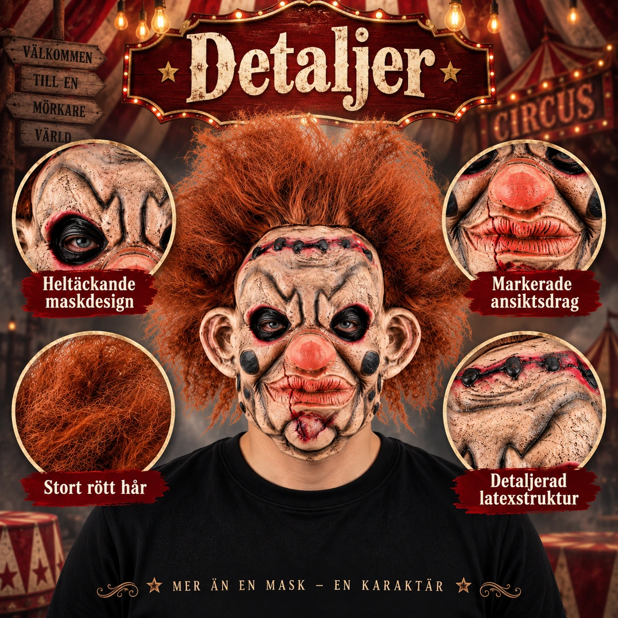 Clownmask i latex med rött hår