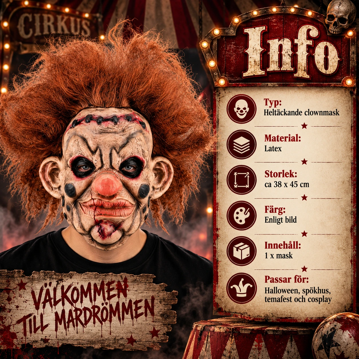 Clownmask i latex med rött hår