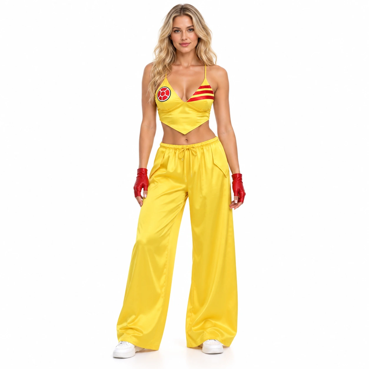 Gul crop top och byxor – set med röda handskar