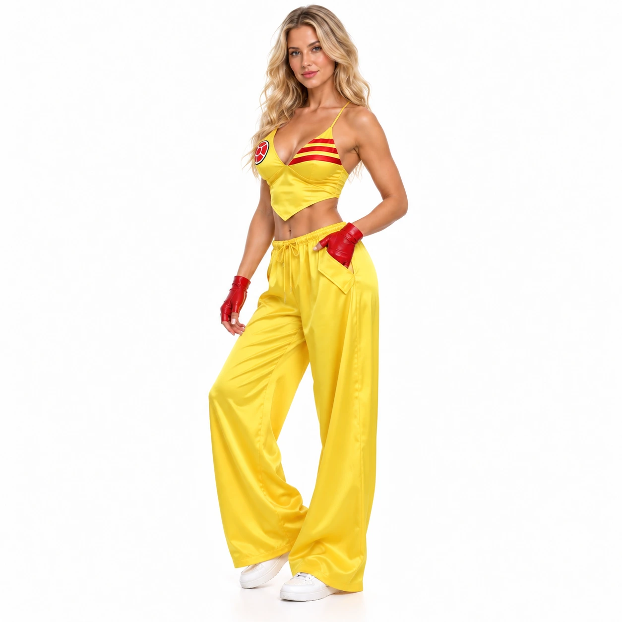 Keltainen crop top ja housut punaisilla käsineillä -setti