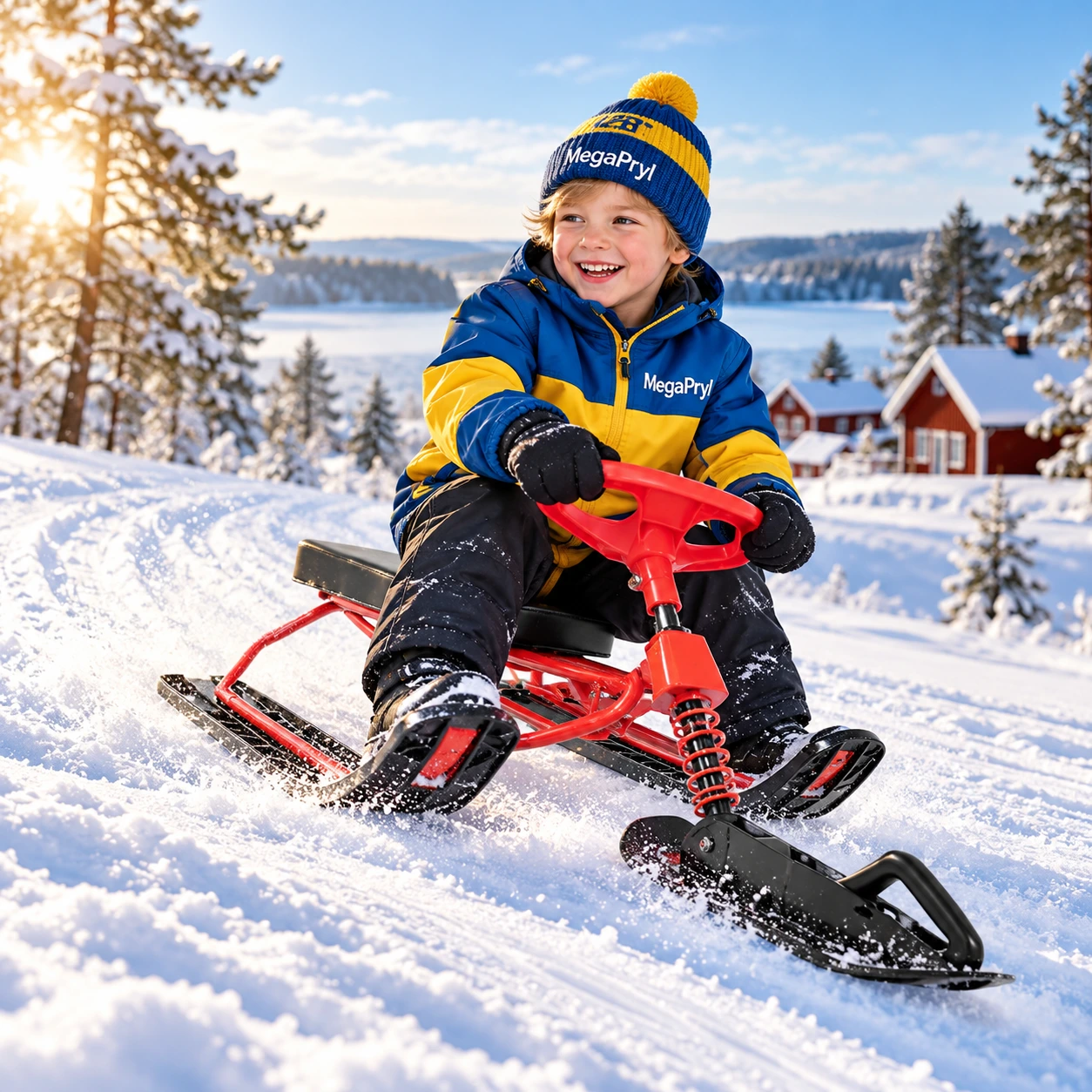 Snowracer för snö, gräs och sand med ratt och broms