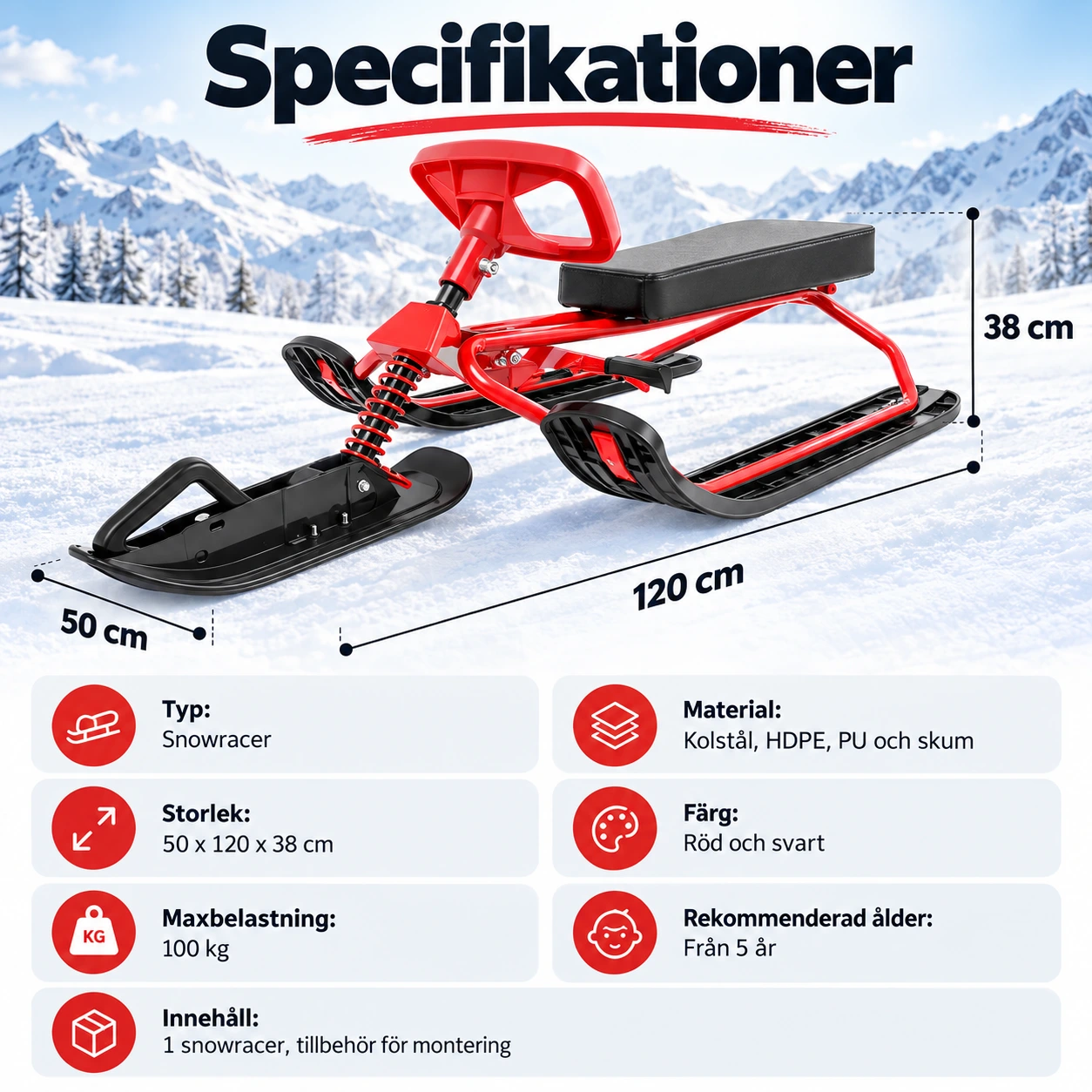 Snowracer för snö, gräs och sand med ratt och broms