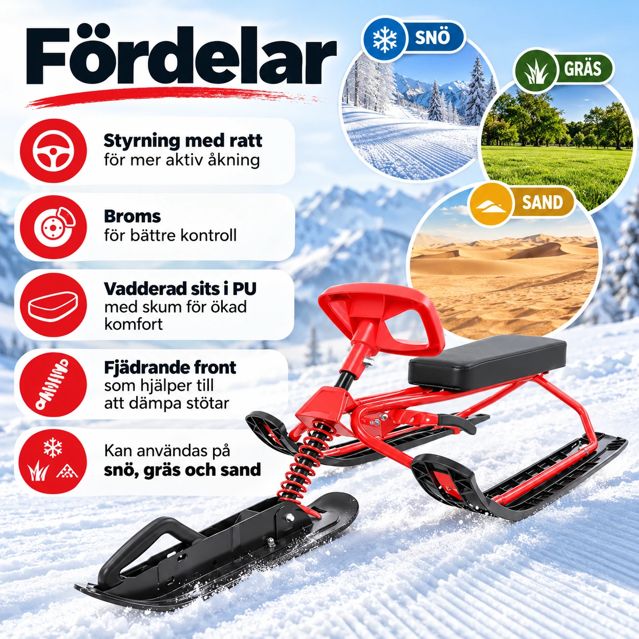 Snowracer för snö, gräs och sand med ratt och broms