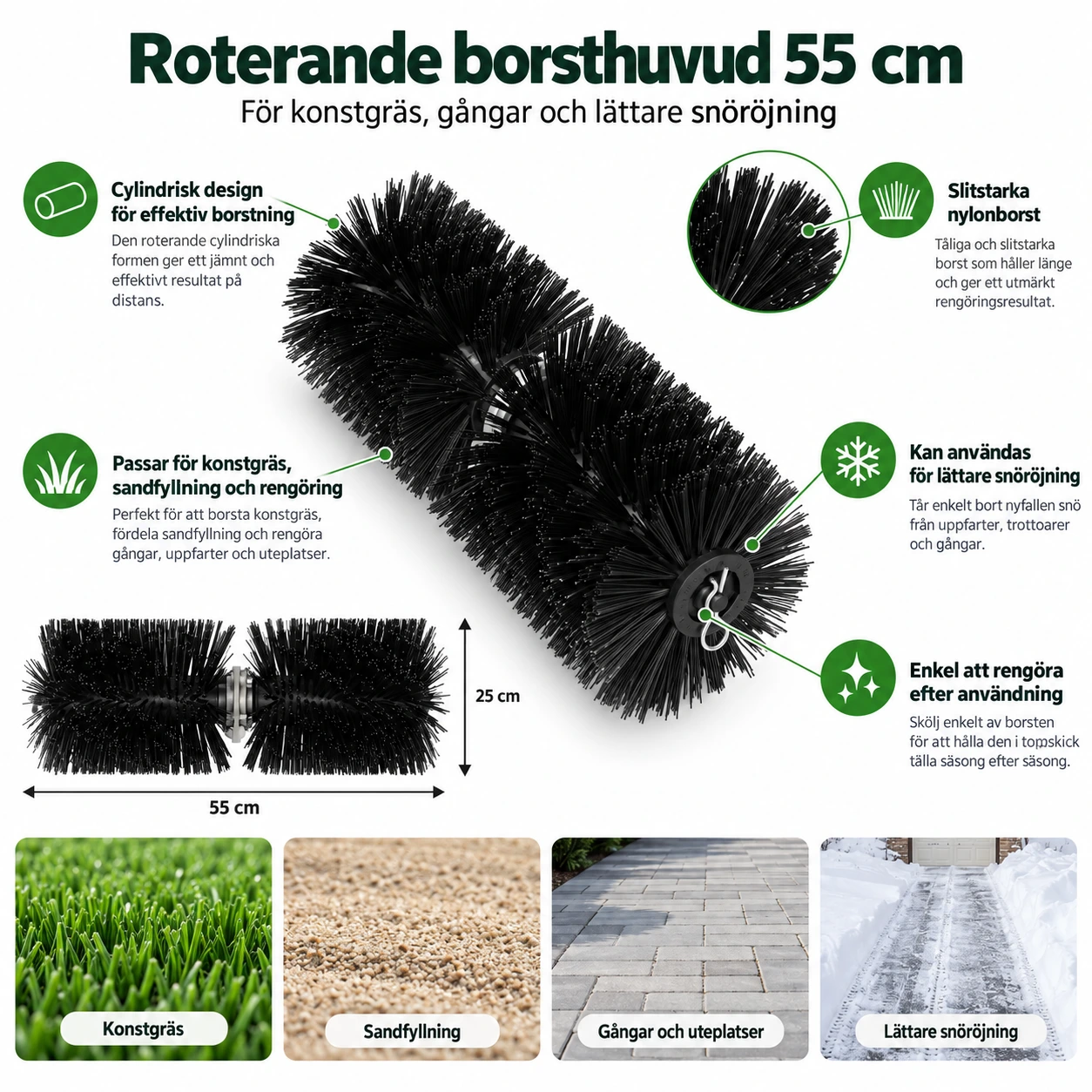 Roterande borsthuvud för konstgräs och snöröjning, 55 cm
