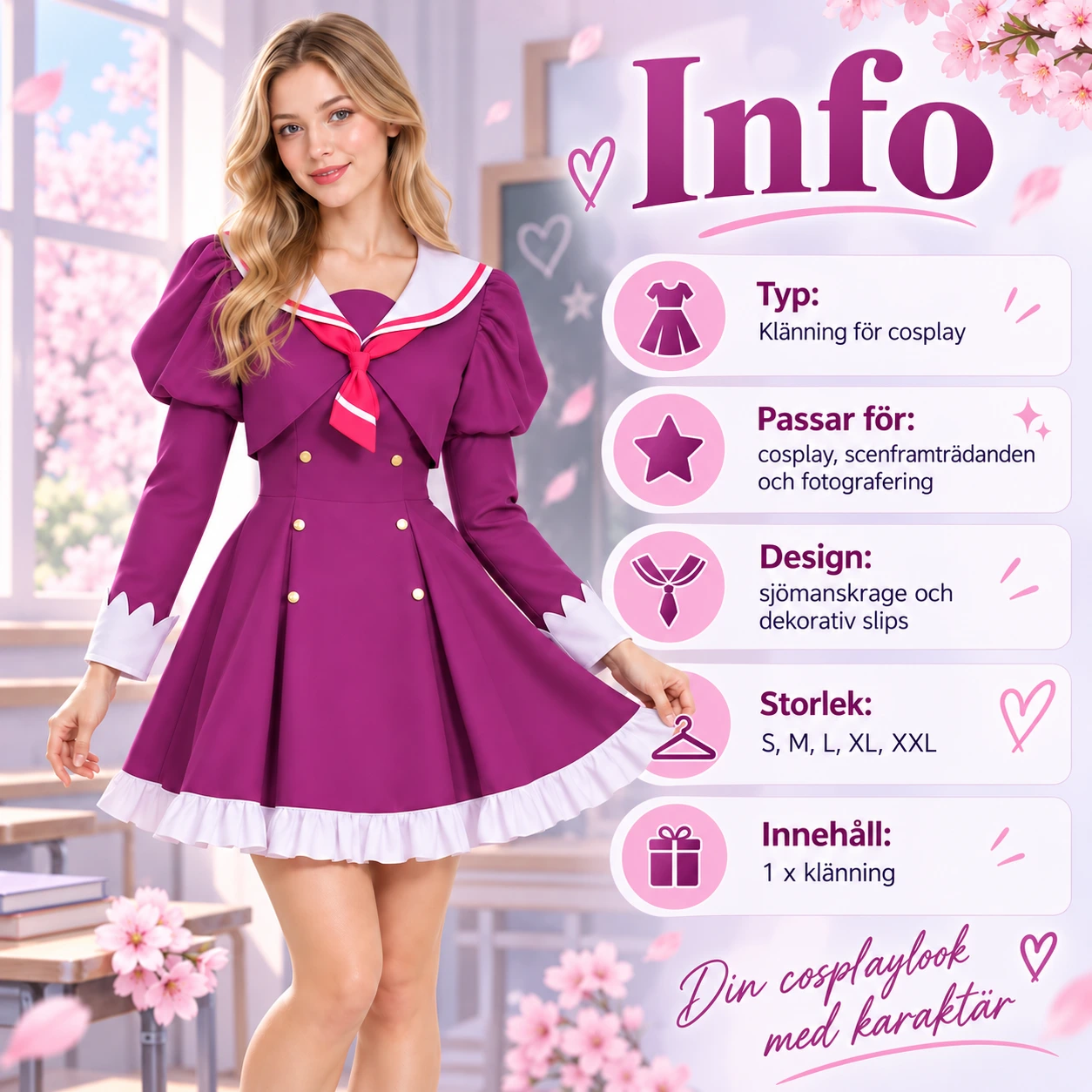 Violetti naisten cosplaymekko merimieskauluksella