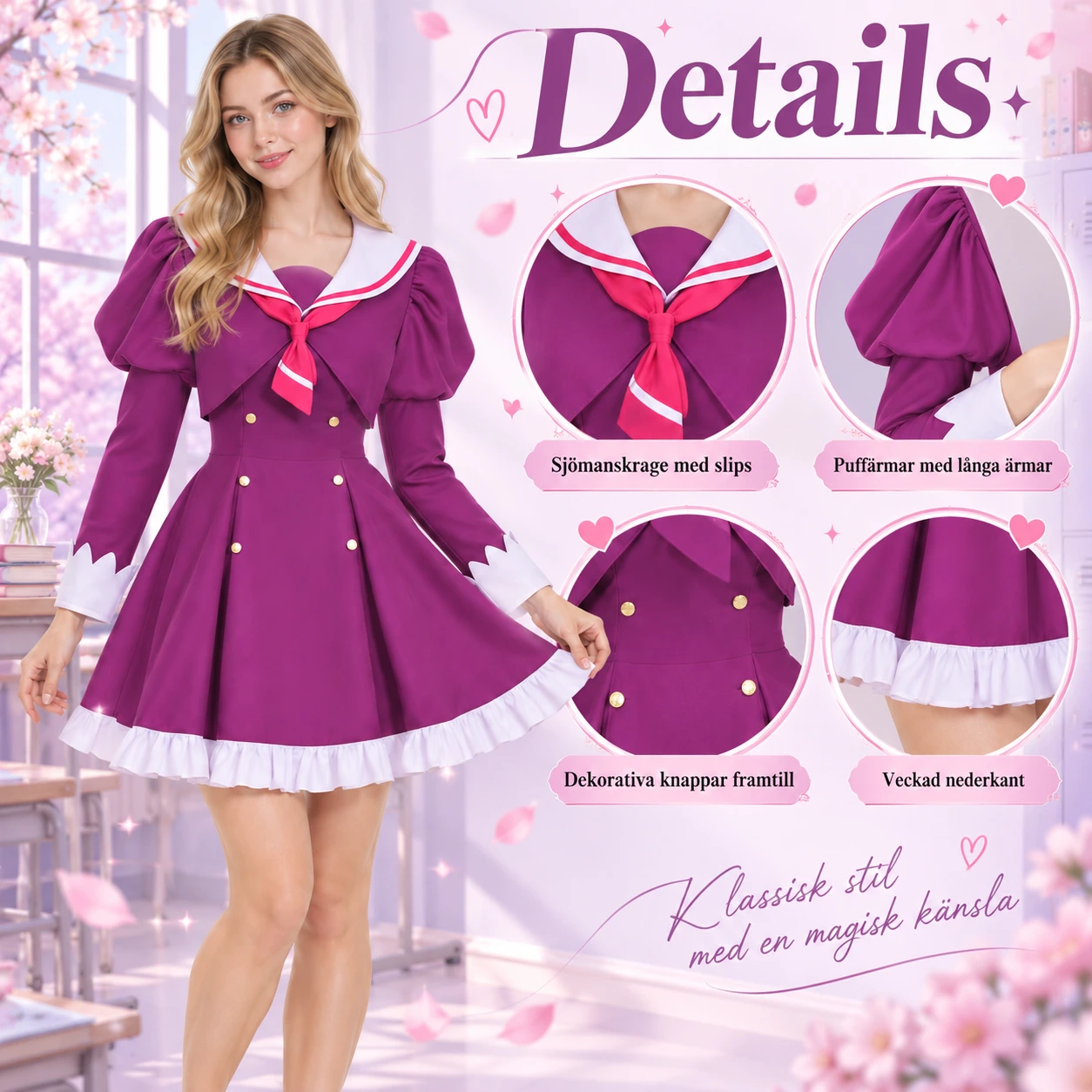 Violetti naisten cosplaymekko merimieskauluksella