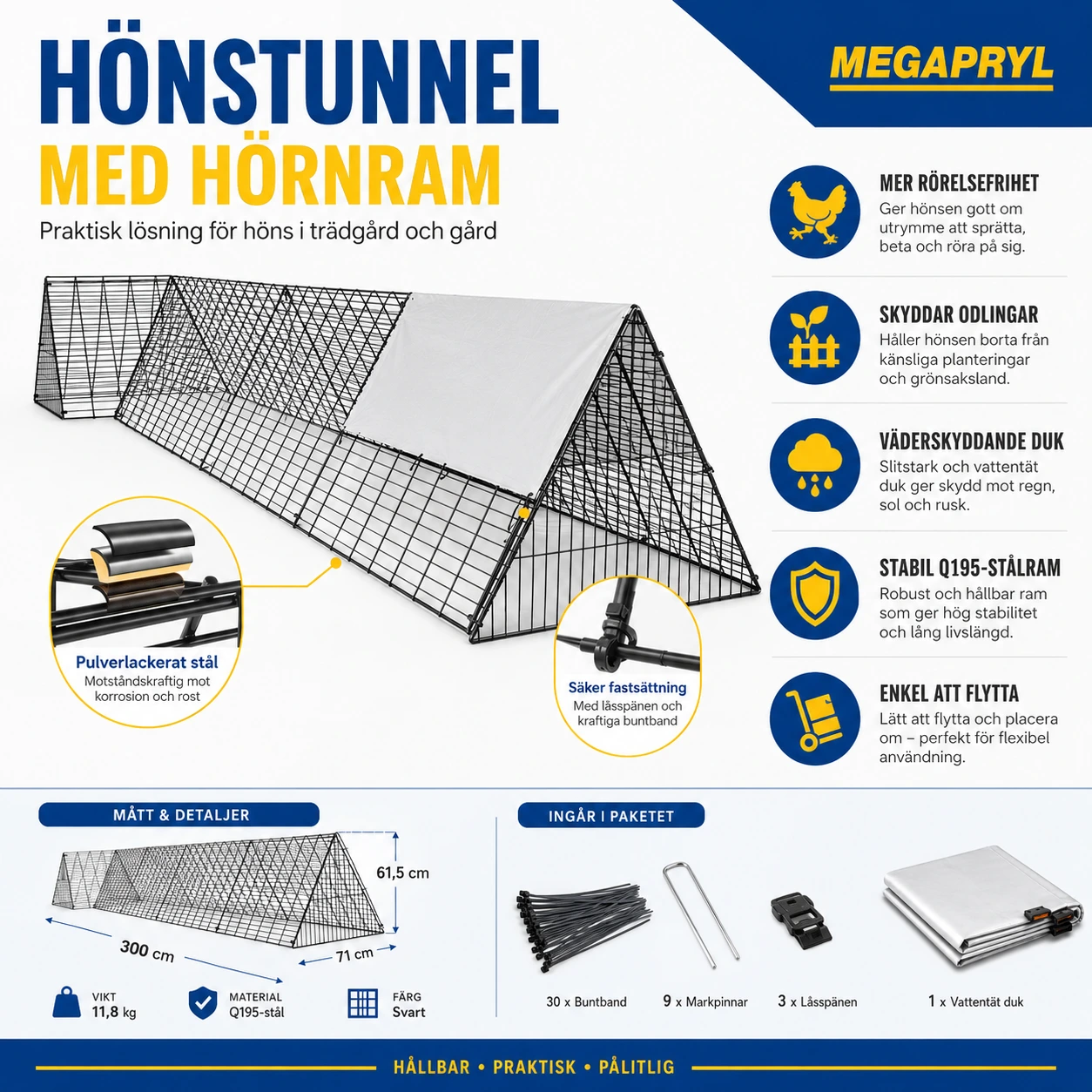 Hönstunnel med hörnram och skyddsduk 300 cm