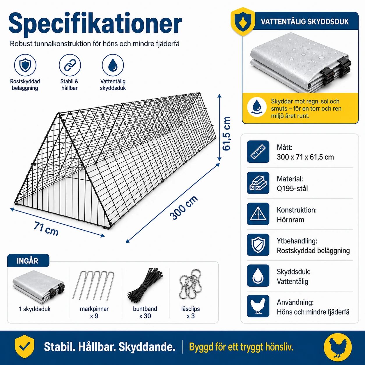 Hönstunnel med hörnram och skyddsduk 300 cm