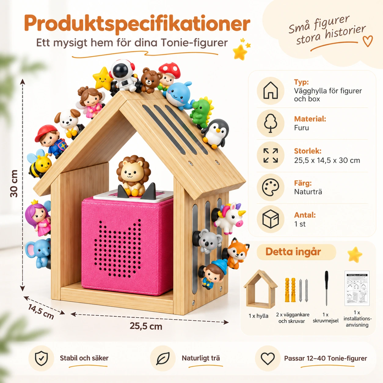 Puinen Toniebox-yhteensopiva seinähylly magneettinauhoilla
