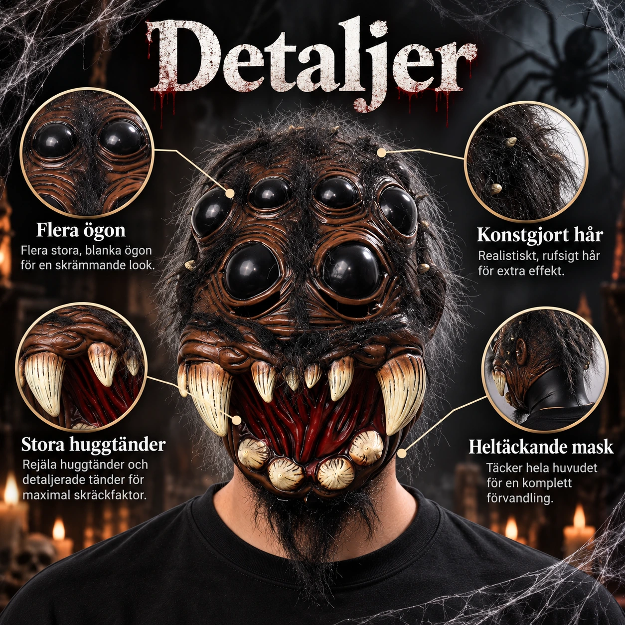 Mask spindel i latex med hår, one size