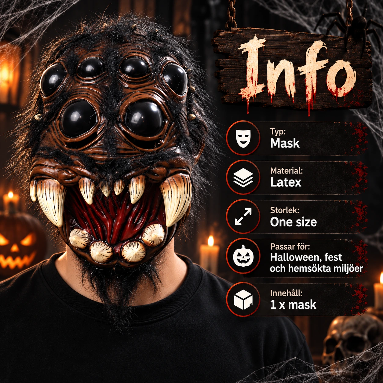 Mask spindel i latex med hår, one size