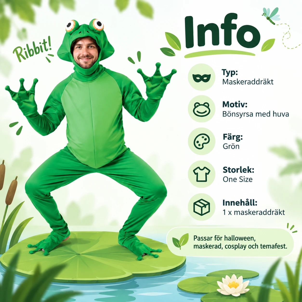 Vihreä sammakkohaalari, unisex-naamiaisasu