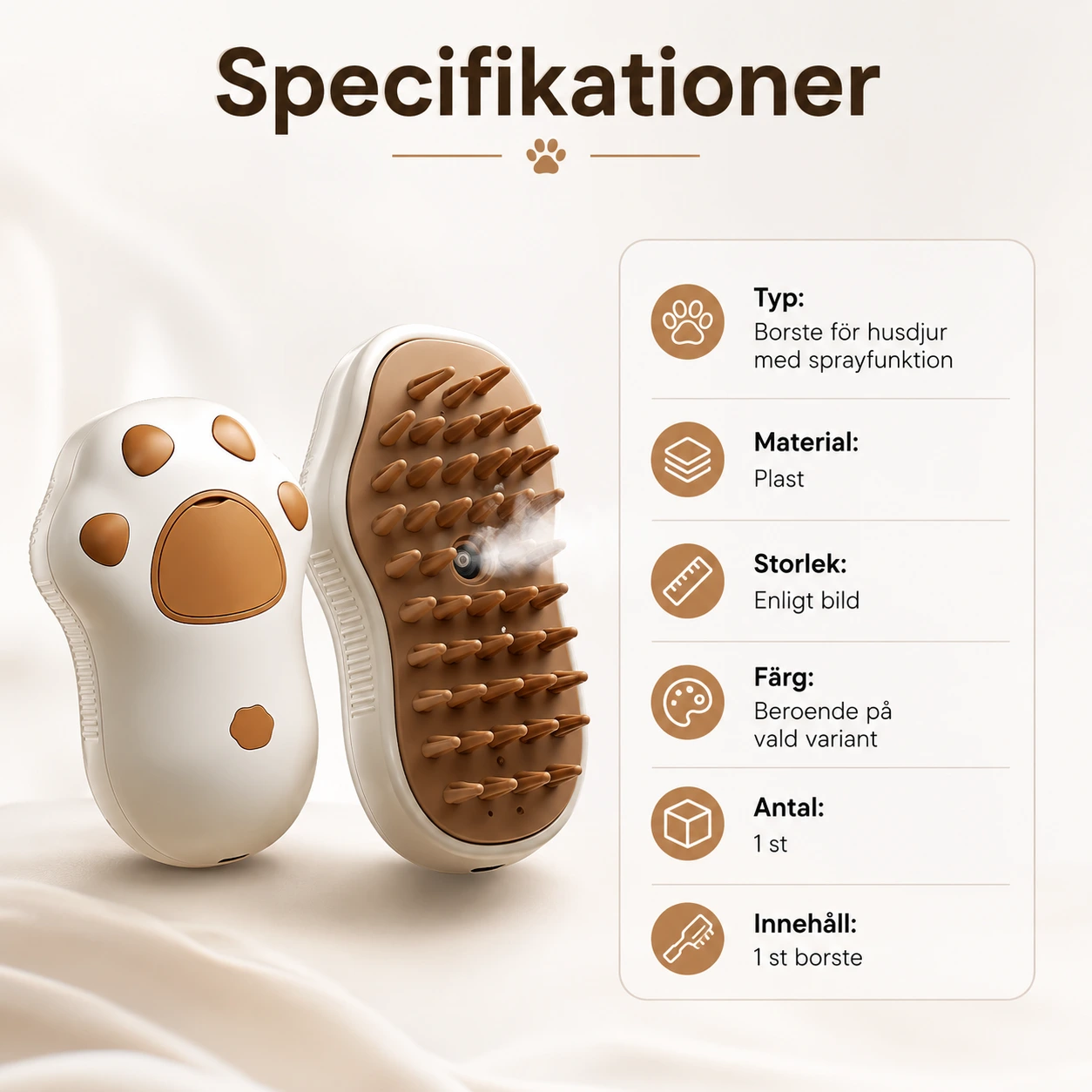 Ångborste för husdjur med spray och mjuka silikonpiggar