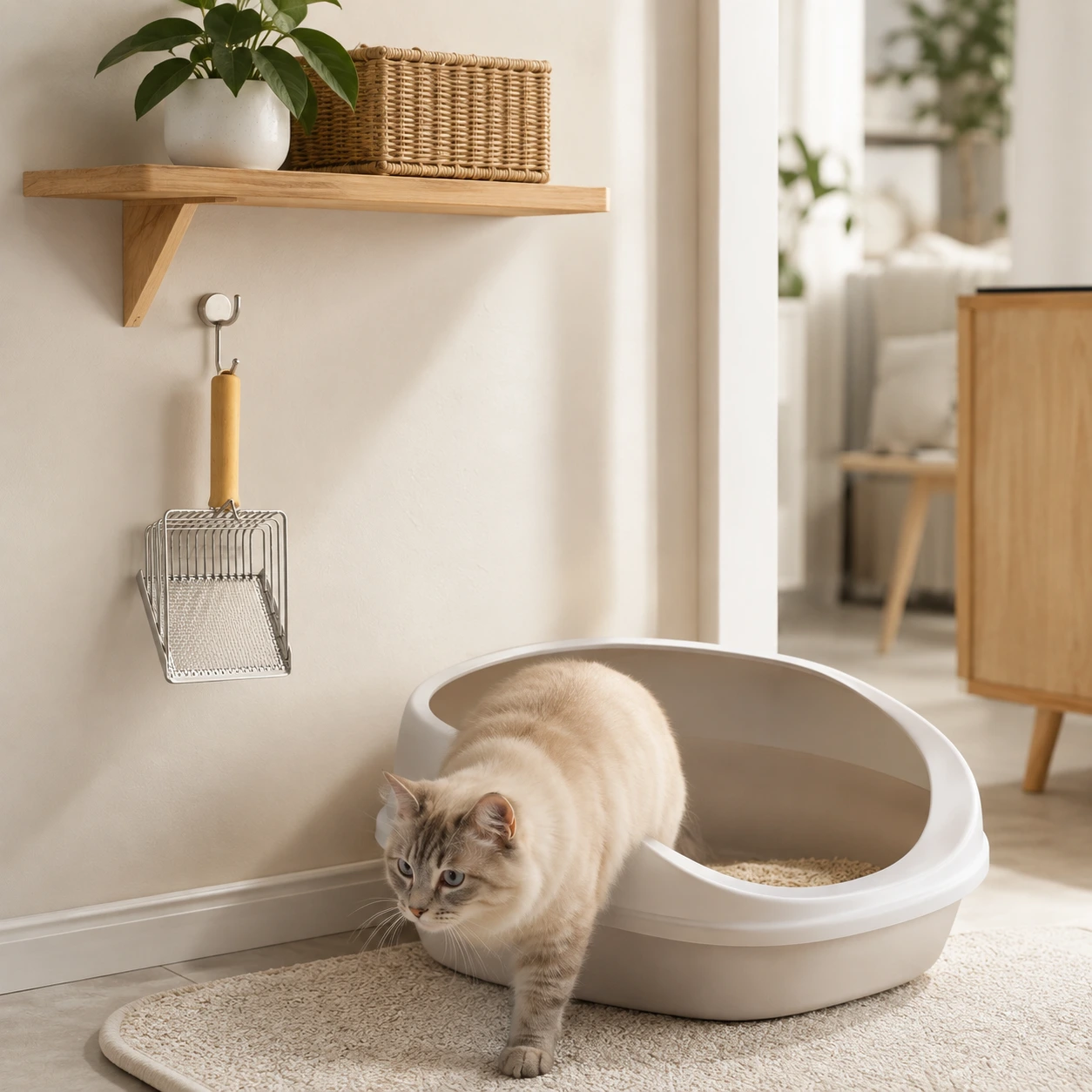 Kattspade för kattlåda med träskaft och upphängningskrok