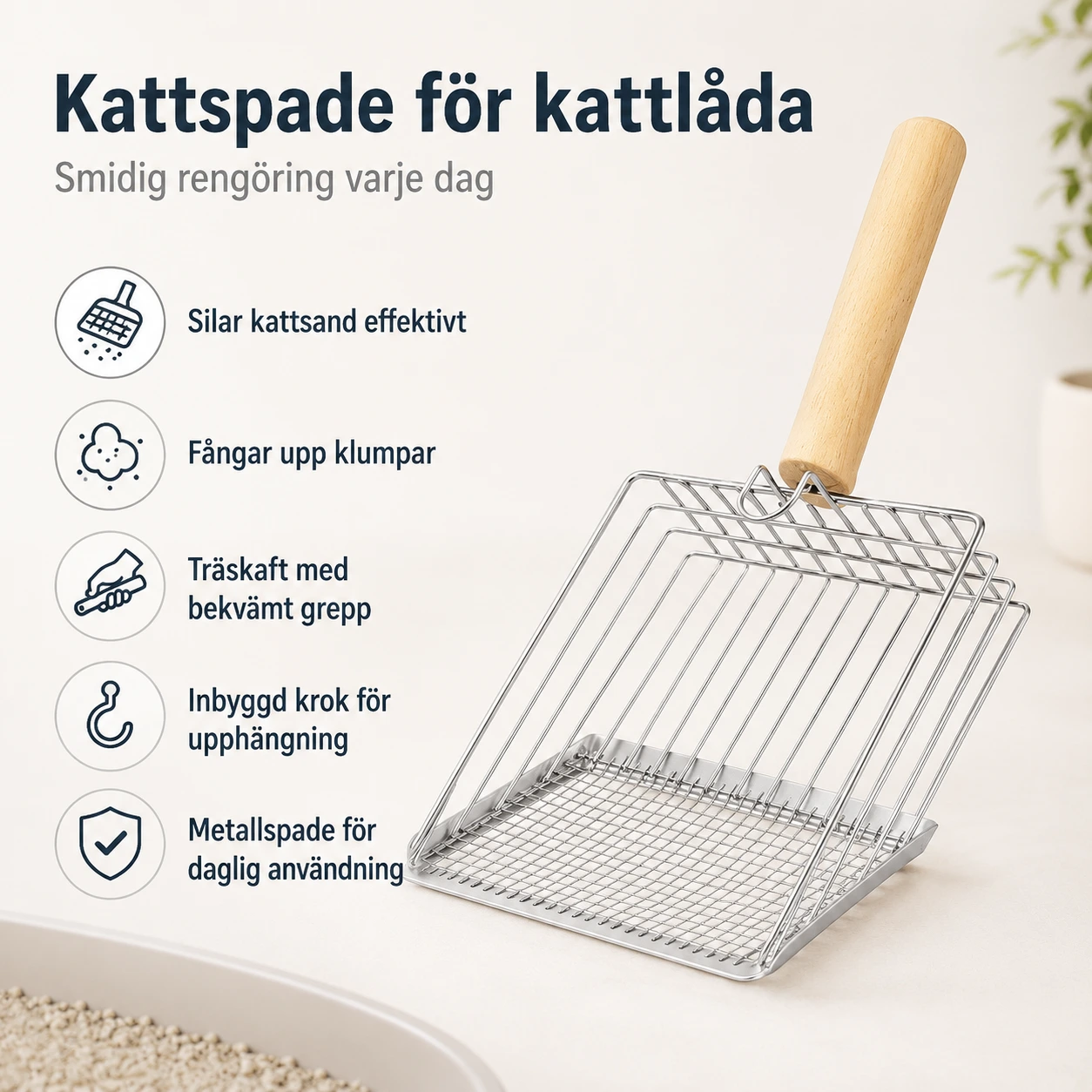 Kattspade för kattlåda med träskaft och upphängningskrok