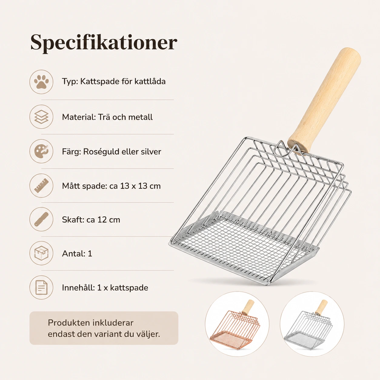 Kattspade för kattlåda med träskaft och upphängningskrok