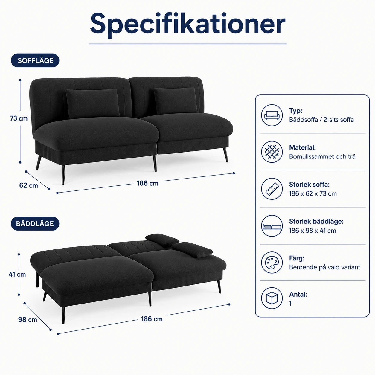 Bäddsoffa 2-sits med justerbart ryggstöd