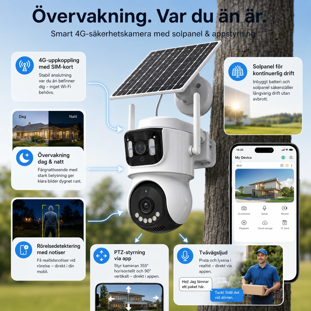 Övervakningskamera 4G med Solpanel, PTZ och Nattseende
