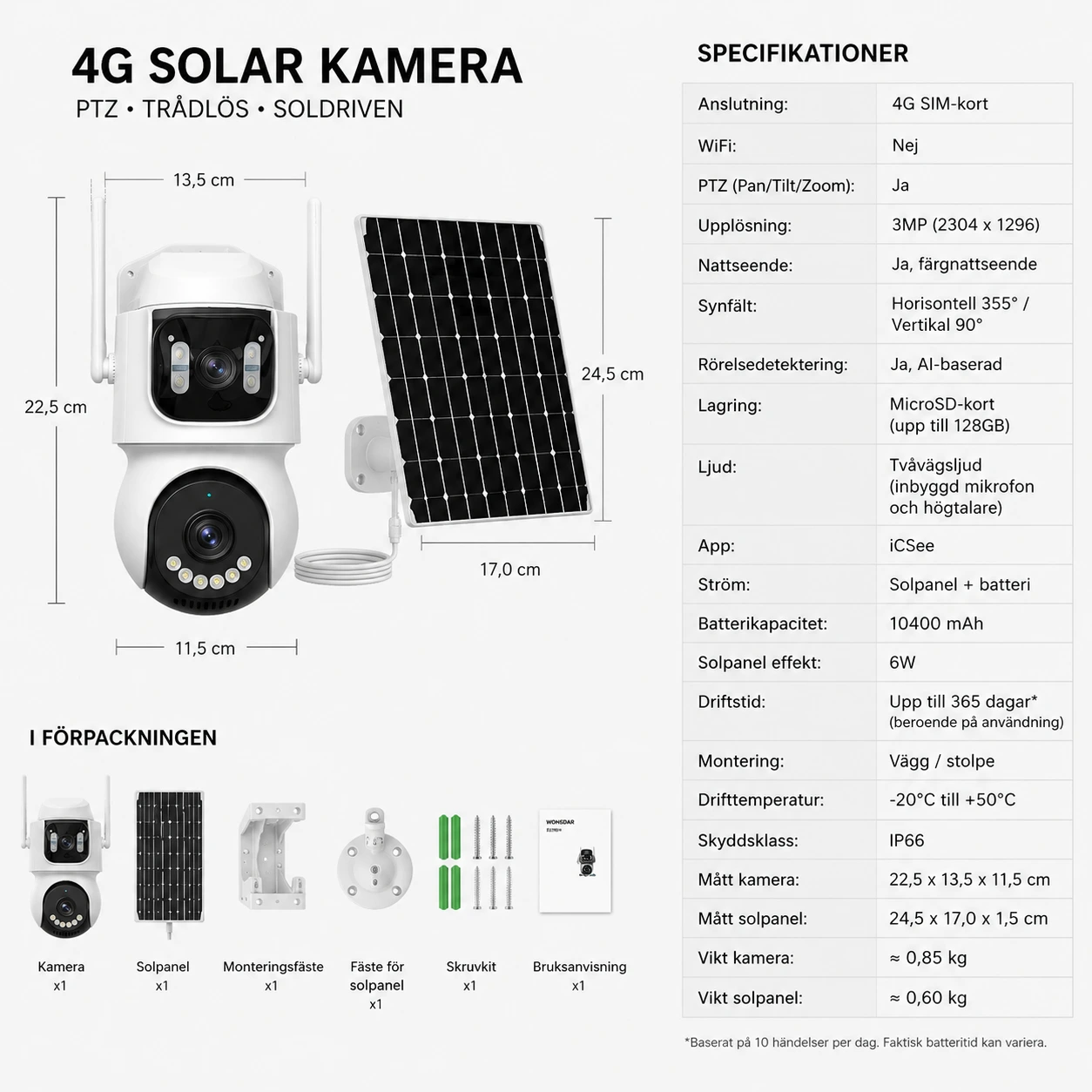 Övervakningskamera 4G med Solpanel, PTZ och Nattseende