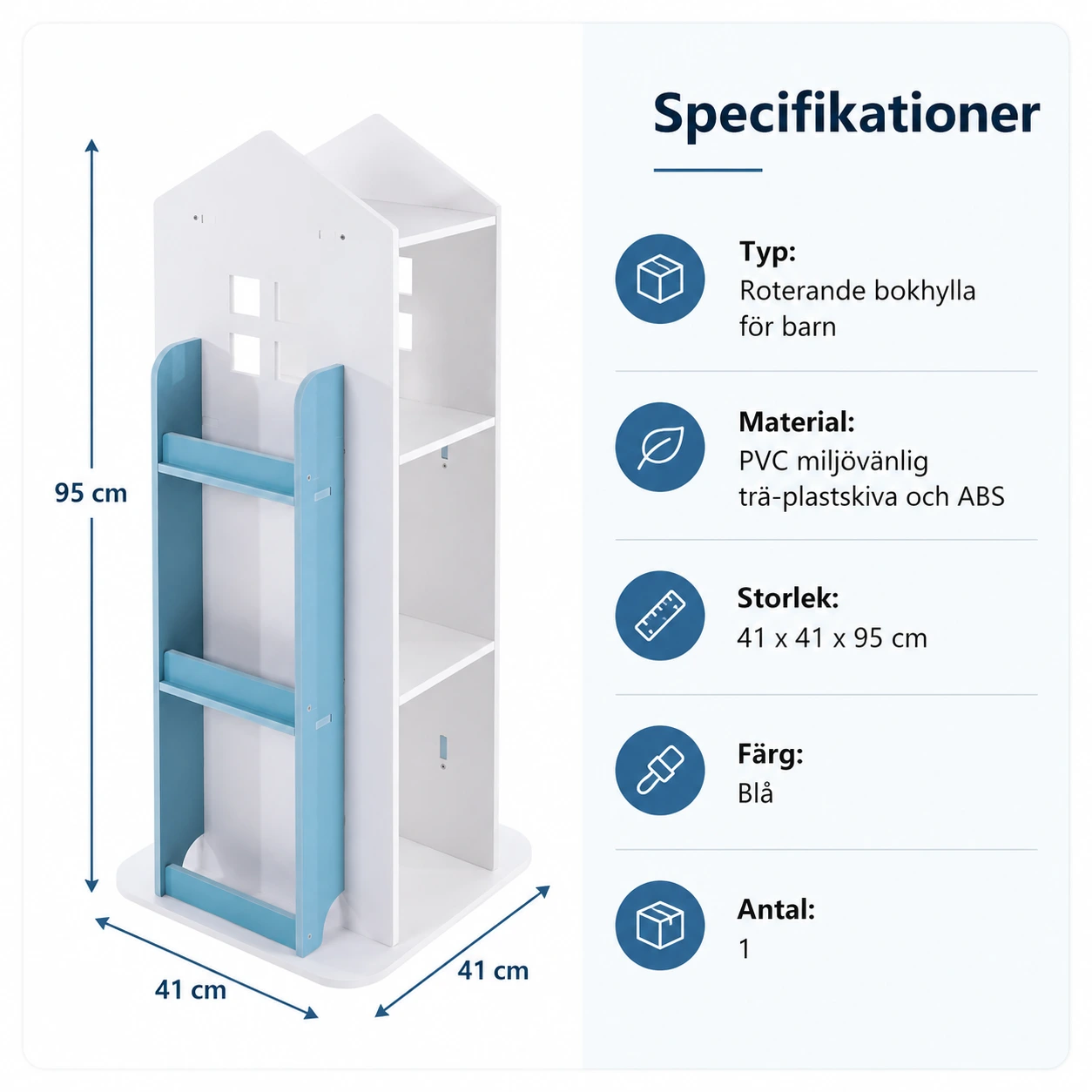 Roterande barnbokhylla med 4 hyllplan, blå