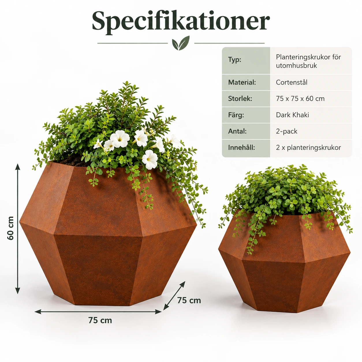 Planteringskrukor för utomhusbruk i cortenstål, 2-pack