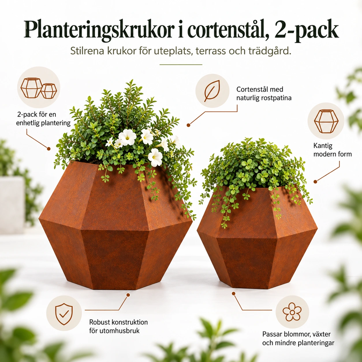 Planteringskrukor för utomhusbruk i cortenstål, 2-pack
