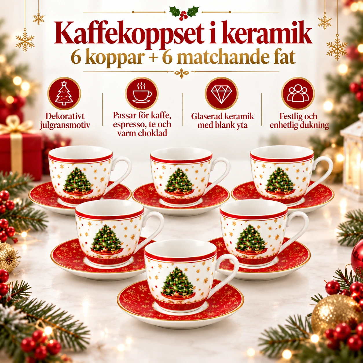 Juliga kaffekoppar i keramik med julgransmotiv – 6 koppar och 6 matchande fat, 12 delar