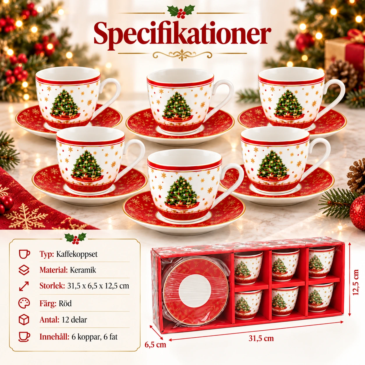 Juliga kaffekoppar i keramik med julgransmotiv – 6 koppar och 6 matchande fat, 12 delar