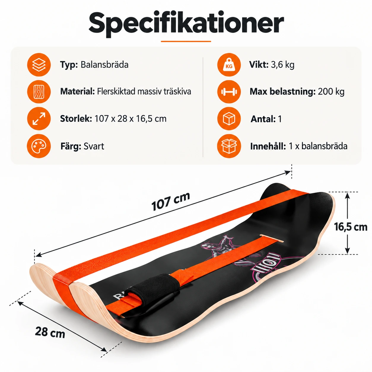 Balansbräda för träning och stående arbete, 107 cm