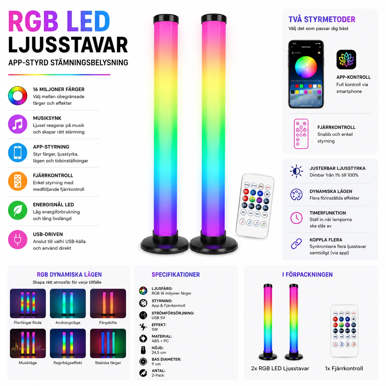 Ljusstavar LED RGB – Appstyrd Gamingbelysning