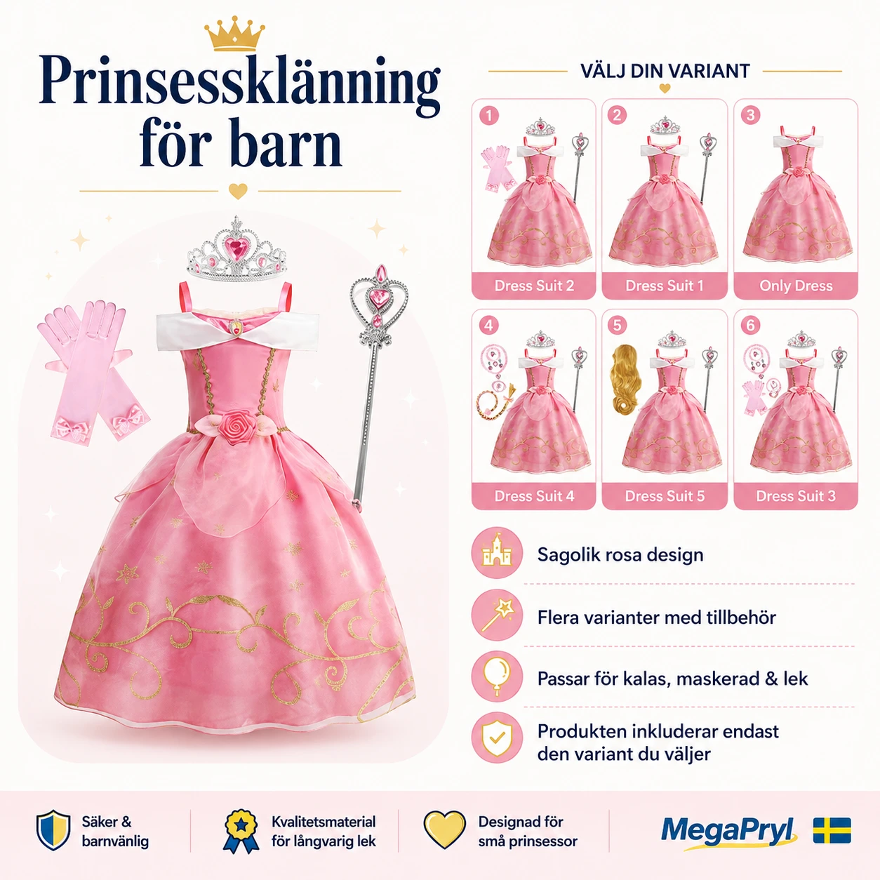 Prinsessklänning för barn med tillbehör