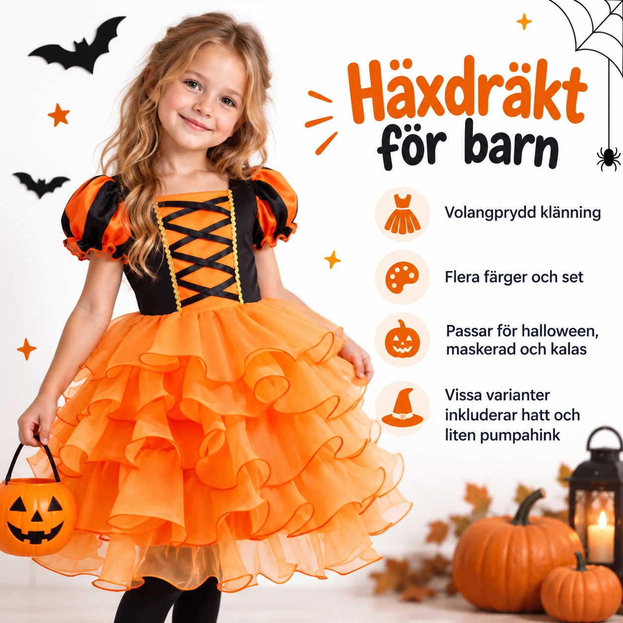 Häxdräkt barn med volangklänning och hatt