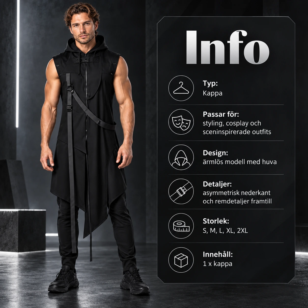 Miesten hihaton hupullinen pitkä takki