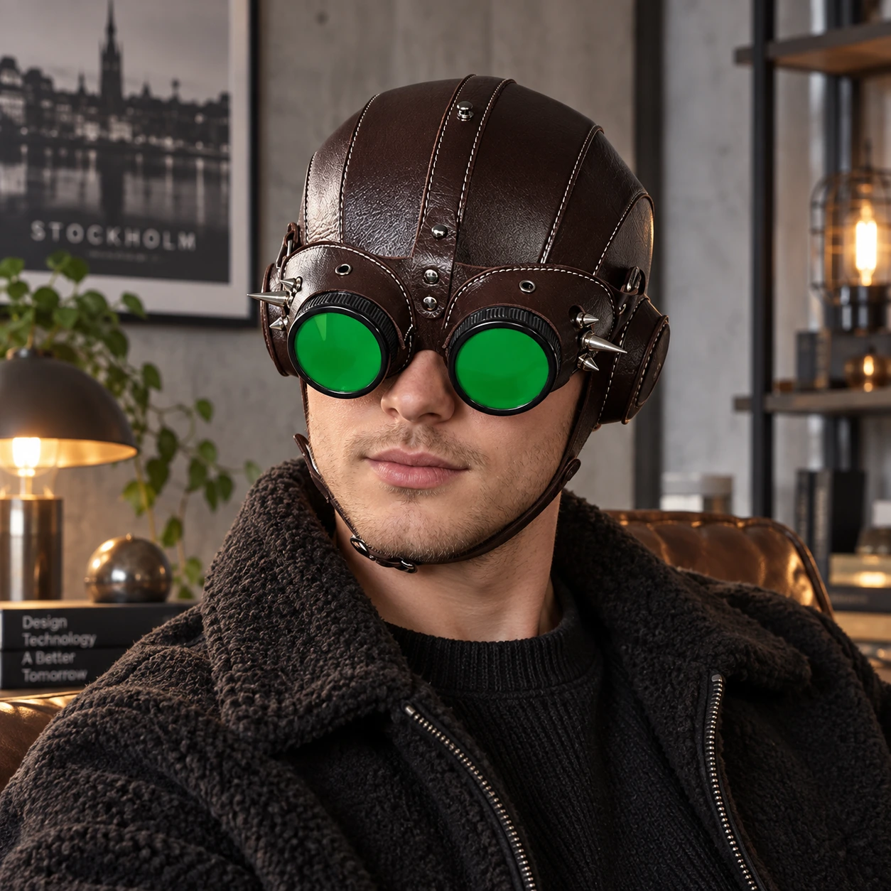 Brun Läder-Look Steampunk Flygarhuvudbonad med Taggar och Gröna Linser