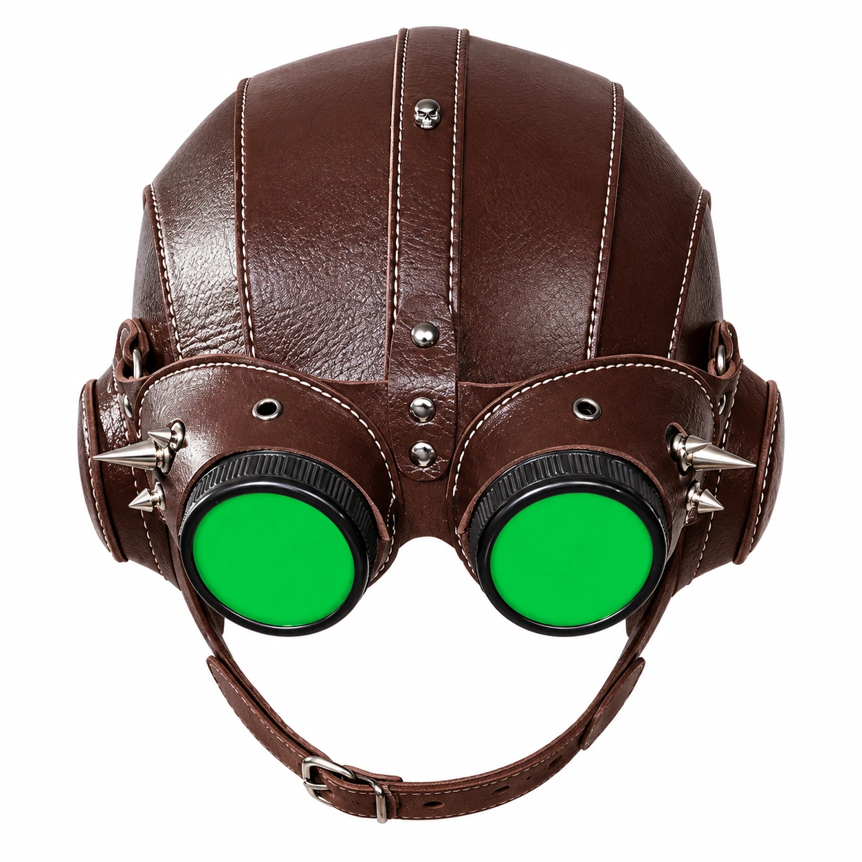 Brun Läder-Look Steampunk Flygarhuvudbonad med Taggar och Gröna Linser