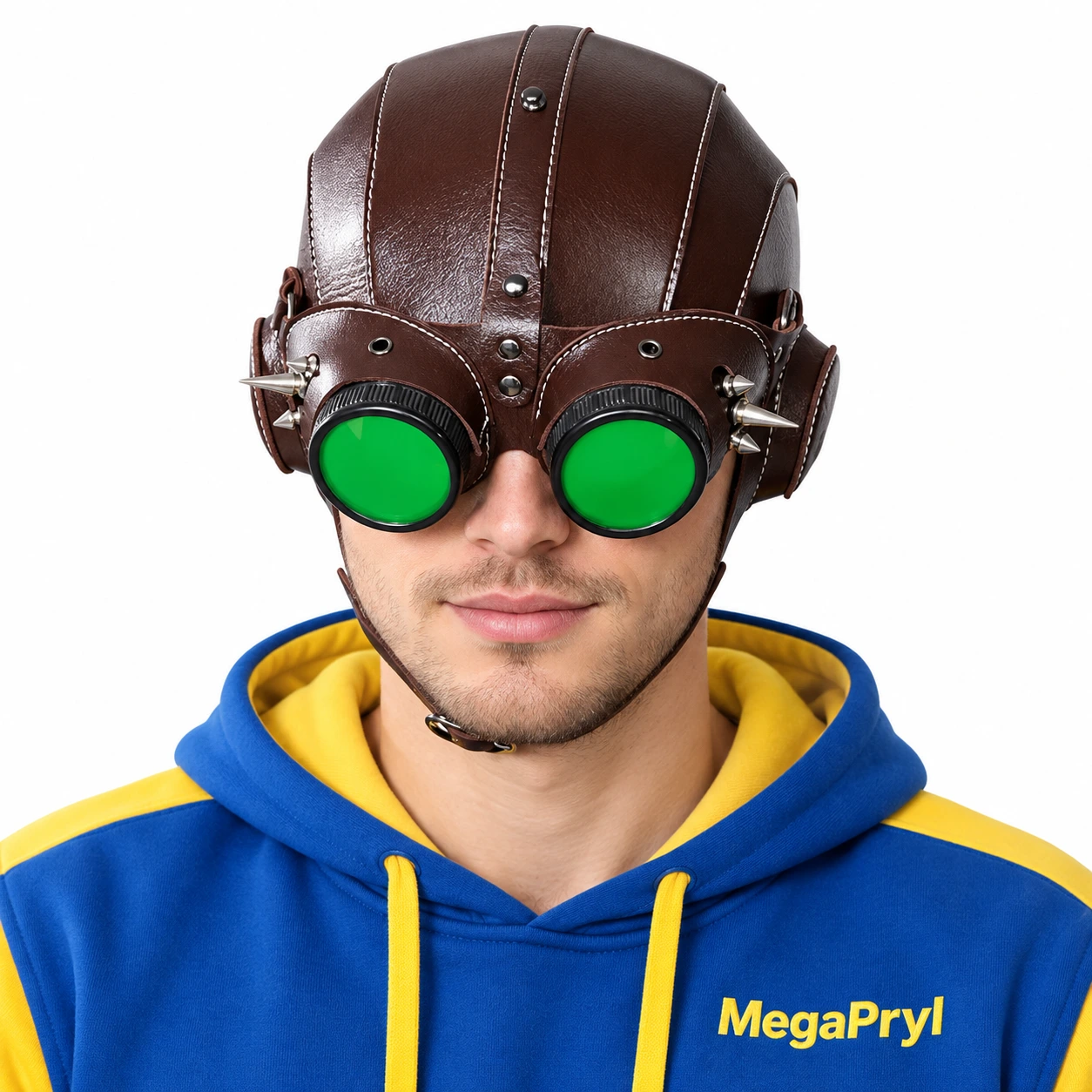 Brun Läder-Look Steampunk Flygarhuvudbonad med Taggar och Gröna Linser