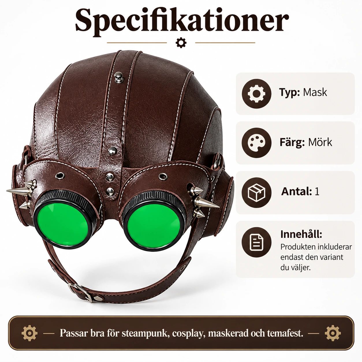 Brun Läder-Look Steampunk Flygarhuvudbonad med Taggar och Gröna Linser