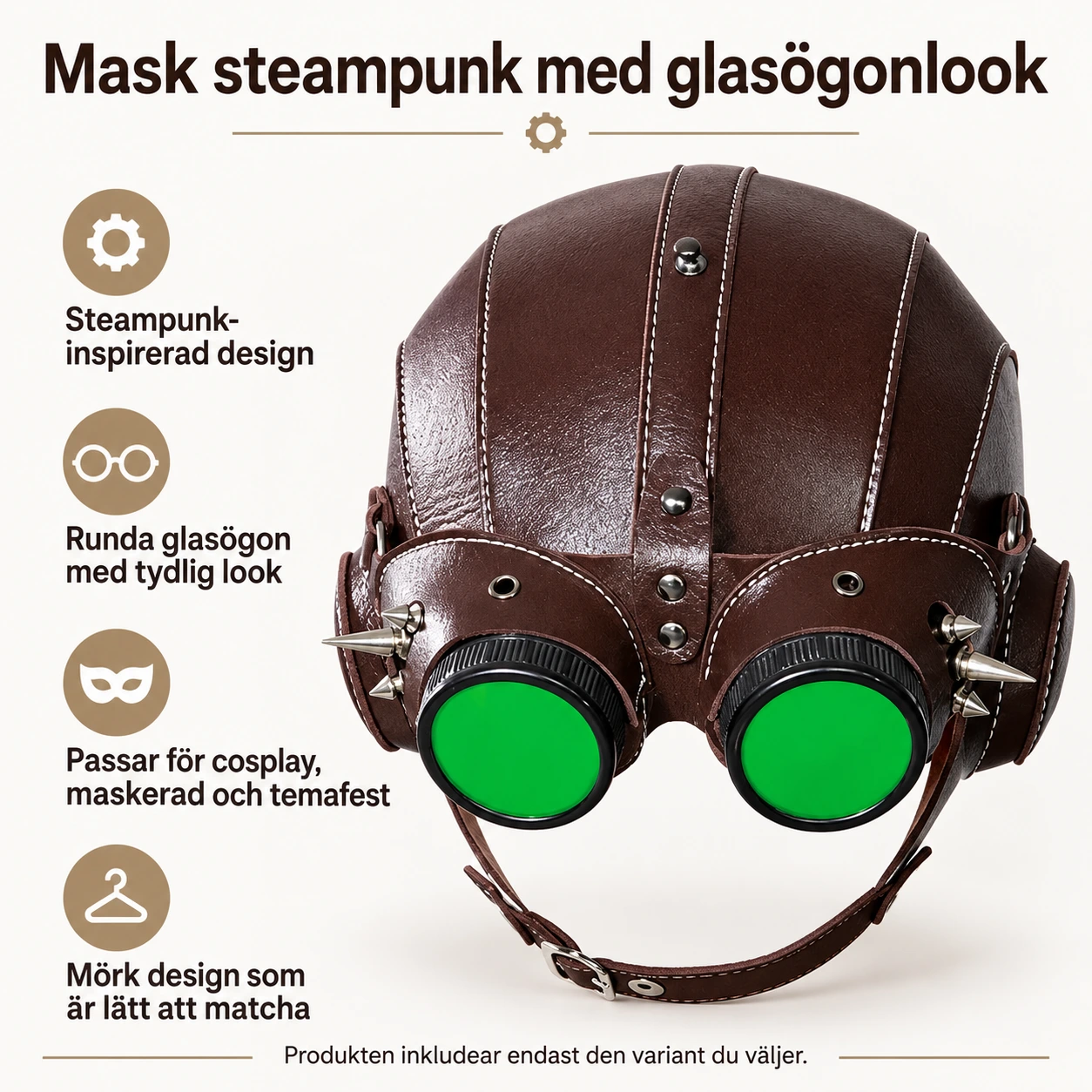 Brun Läder-Look Steampunk Flygarhuvudbonad med Taggar och Gröna Linser