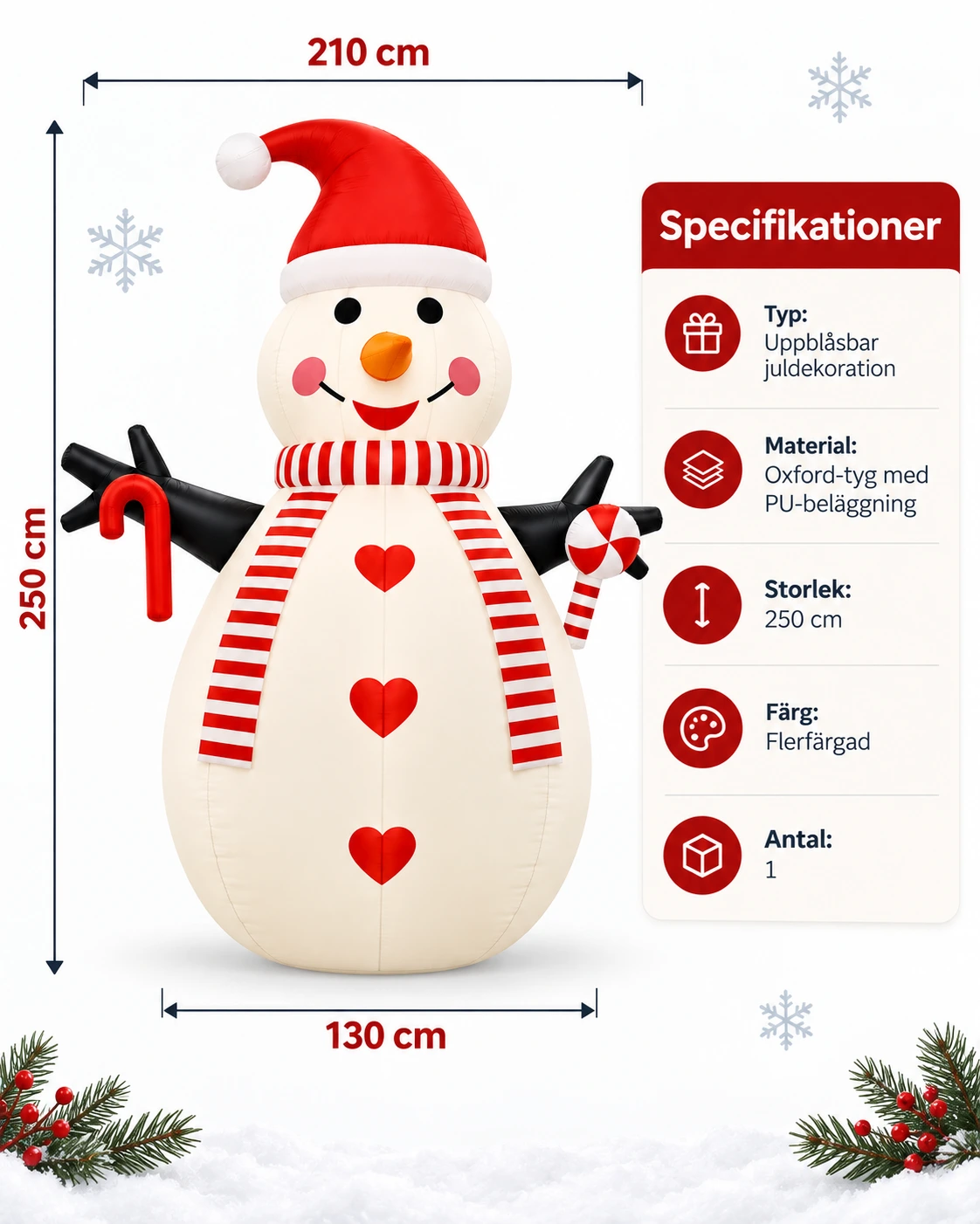 250cm Uppblåsbar snögubbe juldekoration med LED-belysning