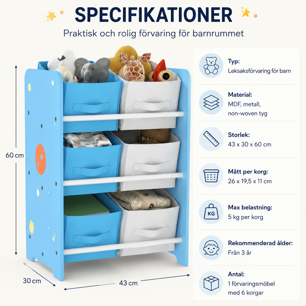Leksaksförvaring för barn med 6 tygkorgar